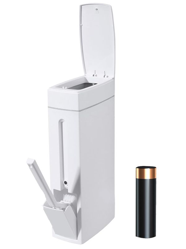 Photo 1 of Slim Bathroom Trash Can,Bathroom Trash Can with Toilet Brush and Holder Set 4.5 Liter / 1.2 Gallon Press-Type Plastic Garbage Can Slim Rectangular Trash Bin for Toilet