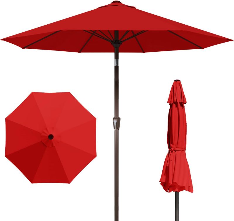 Photo 1 of 9FT Patio Umbrella with Fiberglass Ribs, Outdoor Market Table Umbrella with Crank and Tilt, UV Resistant Waterproof Canopy for Patio, Garden, Deck, Pool, Red