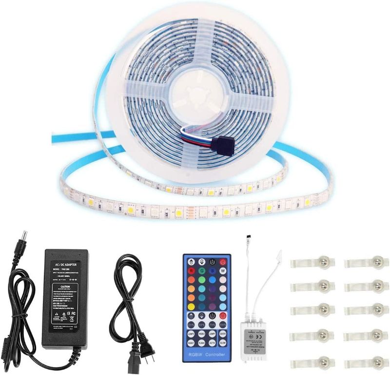 Photo 1 of LED Strip Lights Kit - RGBW Waterproof 16.4ft (5M) with 300 SMD 5050 LEDs, Warm White & Multi-Color, includes 40-Key Remote and 5A Power Supply, Cuttable & Linkable