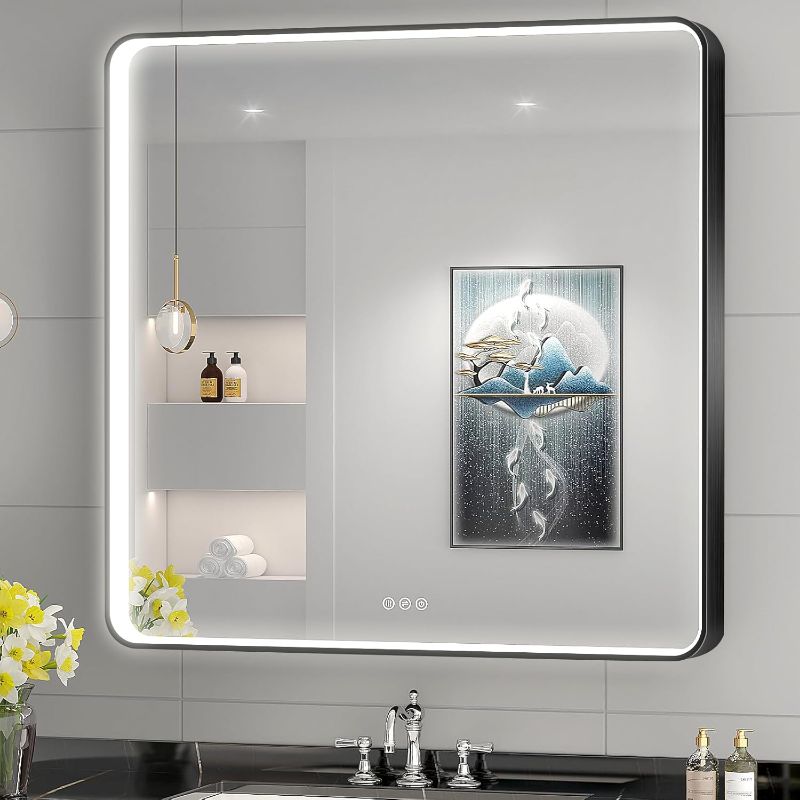 Photo 1 of LED Mirror for Bathroom 36X36 Inch Black Framed with Anti-Fog, Stepless Dimmable, Front Lit, LED Bathroom Vanity Mirror for Wall, Memory Function, Tempered Glass, Shatter-Proof