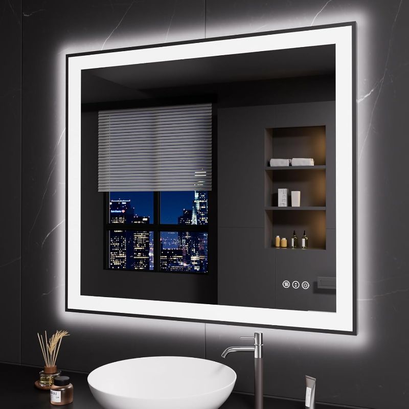 Photo 1 of 48"X32" LED Bathroom Mirror Black Framed, Anti-Fog, Dimmable, Lighted Bathroom Vanity Mirror for Wall, Memory Function, Tempered Glass