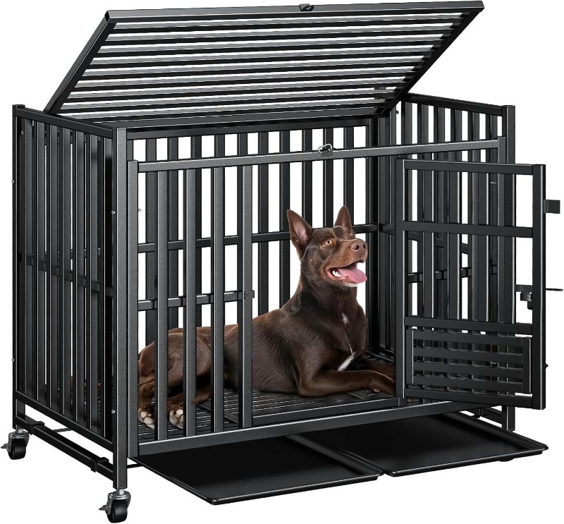 Photo 1 of 42 inch Heavy Duty Dog Crate, Upgraded Thickened Steel Frame Indestructible Kennel for Large & High Anxiety Dogs, Escape Proof Design with 3 Doors, 4 Lockable Wheels and 2 Removable Trays (42 Inch)