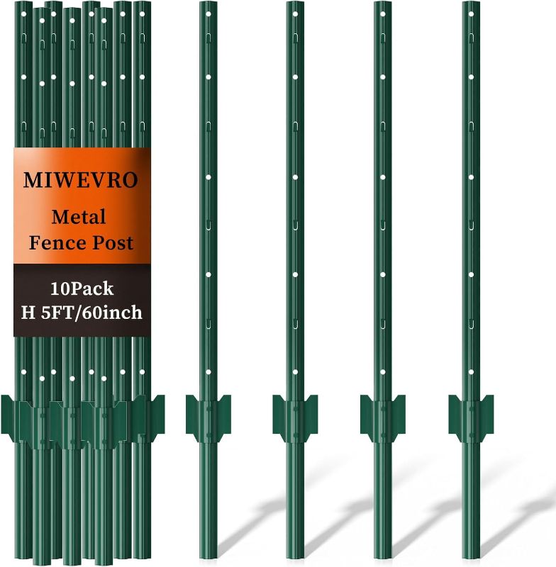 Photo 1 of 10 Pack Garden Fence Post, 5 Feet Heavy Duty Metal U-Post for Wire Fence, No Dig Garden Fence Stakes for Temporary Fencing, Electric Fence Wire, Corner Anchor, and More-Green