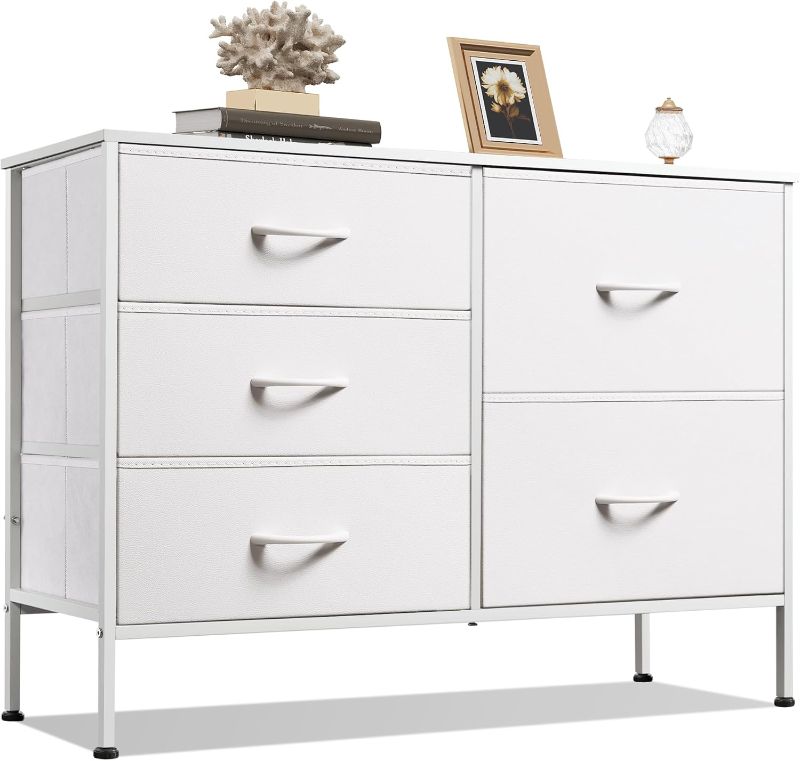 Photo 1 of White Dresser for Bedroom with 5 Drawers, Fabric Dresser for Living Room, Wide Chest of Drawers for Bedroom, Closet, Hallway, White