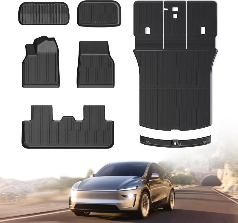 Photo 1 of 2025 2026 Tesla Model Y Juniper TPE Floor Mats & Front and Rear Trunk Mats – Full Coverage Cargo Mat – Accessories for The New Tesla Model Y Juniper (2025 Model Y Full Floor Mat Kit Set of 7)
