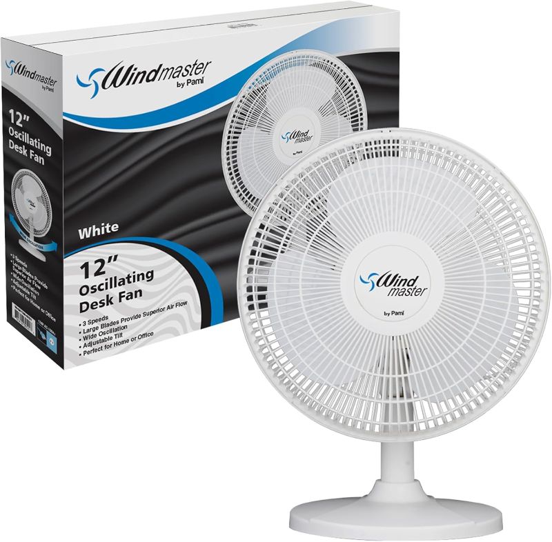 Photo 1 of PAMI Oscillating Desk Fan - Portable Table Top Fan With 3 Speed Levels, Large Blades & Adjustable Tilt- Max Air Flow Office Desk Fan- Electric Cooling Fan For Bedroom Home Dorm Office (White, 16'')
