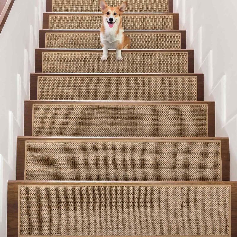 Photo 1 of Linen Non Slip Stair Treads Carpet for Wooden Steps Indoor, Peel and Stick Carpet Stair Tread for Wood Stairs, Machine Washable Stair Runners for Pets, 15 Pack, Beige (9" x36")
