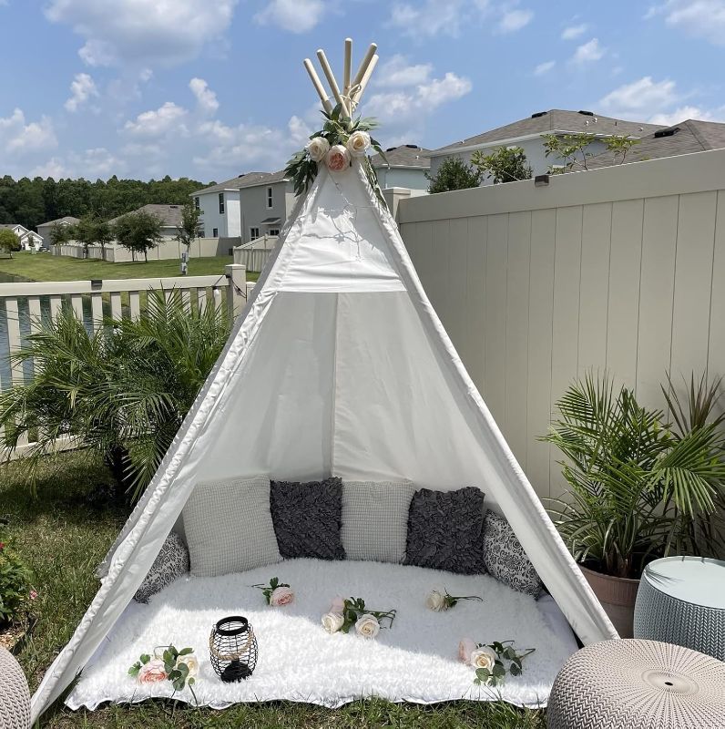 Photo 1 of 7' Large Teepee Tent for Adults, Play Tent with Carry Bag, 5 Sides Canvas Kids Teepee Tent Indoor & Outdoor Tents for Party, Wedding, Photo Prop, White