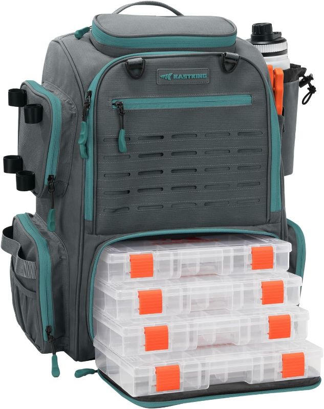 Photo 1 of KastKing Bait Boss Fishing Tackle Backpack with Rod Holders-4 Tackle Boxes-Rain Cover,43L Large Storage for Fishing Gear