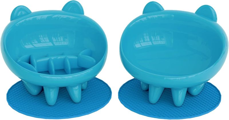 Photo 1 of Elevated Slow Feeder Cat Bowls, Anti-Vomiting Cat Food Tilted Bowl with Non-Slip Mat, Whisker Friendly Food Dish Bowls are Custom-Designed for Senior Cats and Small Dogs (Blue)