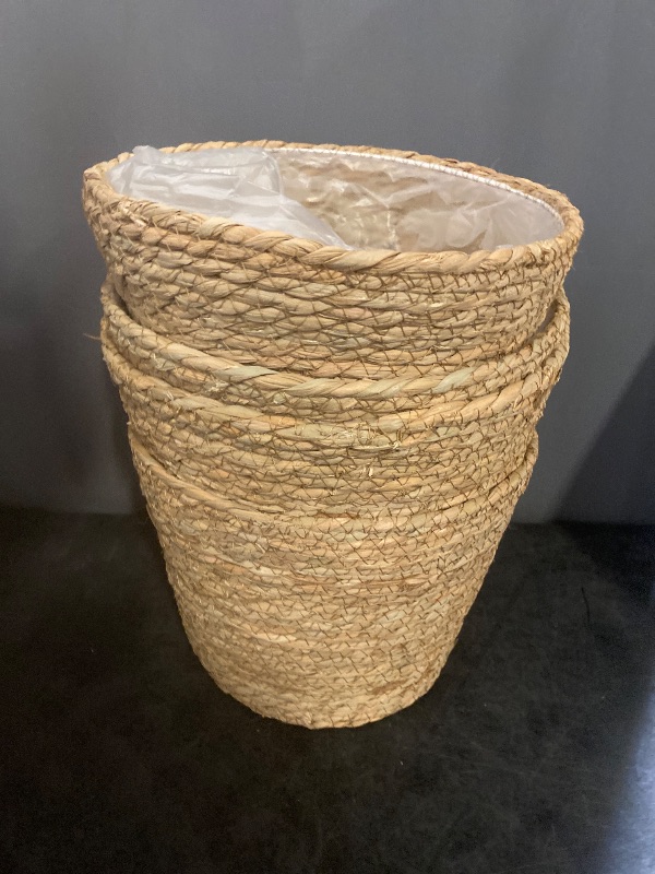Photo 1 of 4 Count Home Decor Woven Straw Flower Pot Seagrass Planters Basket Garden Plant Pot Containers Wicker Rattan Vase Sundries Organizer Storage Bins for Indoor Outdoor Plants Vintage Decor