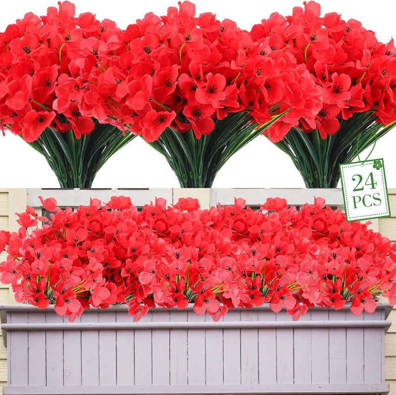 Photo 1 of 24 Pcs Artificial Flowers Outdoor UV Resistant Bulk 13.8 Inch Silky Flowers No Fade Fake Heads with Stems for Wedding Centerpieces Window Box Garden Home Party Decoration(Red)