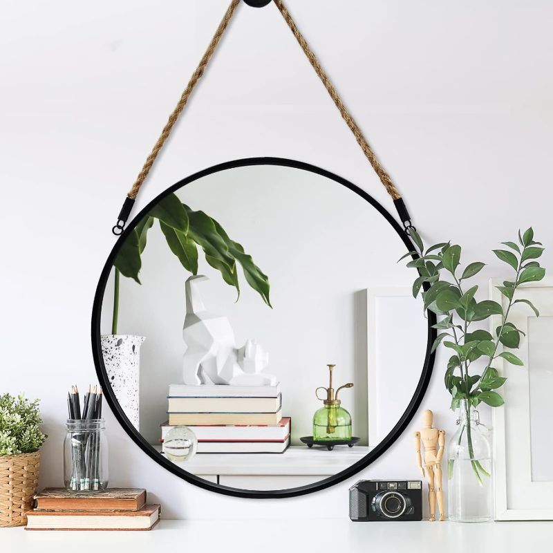 Photo 1 of POZINO Round Hanging Mirror - Wall Mirrors Decorative 20" Rope Mirror Black Metal Frame Circle Mirror Farmhouse Wall Mounted Mirror for Bathroom, Bedroom, Living Room, Entryway, Home Decor