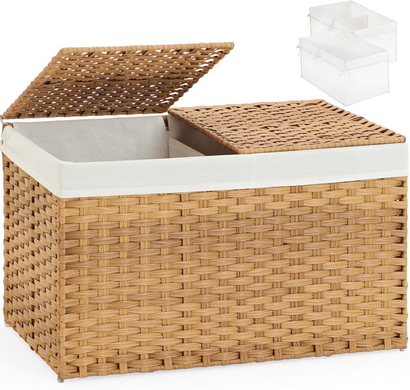 Photo 1 of Storage Basket with Lid Wicker Baskets for Storage with 2 Separate Lid 42.3 Gallon (160 L) 29.9 x 17.3 x 18.1 Inches Rattan Woven Large Wicker Basket with 2 Liners for Bedroom Laundry Natural