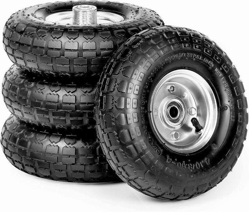 Photo 1 of 10-Inch Replacement Tire and Wheel 4.10/3.50-4" - 10” Pneumatic Utility Tires for Cart, Dolly, Hand Truck, Generator, Lawnmower, Garden Wagon with 5/8” Axle Bore Hole - Double Sealed Bearings (4 pack)