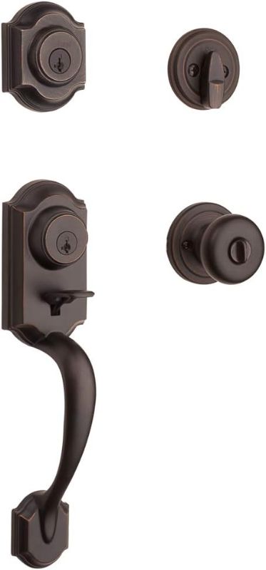 Photo 1 of Kwikset Montara Front Door Lock Handle and Deadbolt Set, Entry Handleset Exterior with Interior Door Knob, Venetian Bronze, Pick Resistant SmartKey Rekey Deadbolt Security