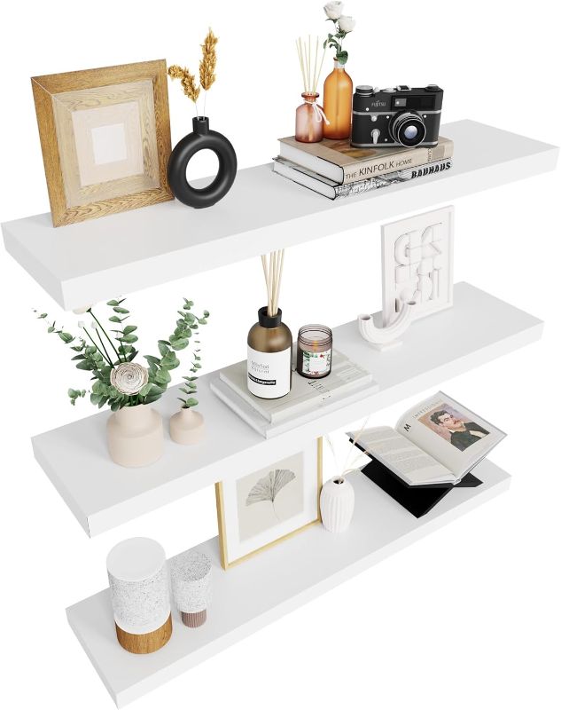 Photo 1 of Colima Floating Shelves for Wall White Wood Shelf for Bedroom, 36 Inch Wall Mounted Floating Shelves for Bathroom Living Room Kitchen Office, 1.3" Thick Floating Book Shelves for Wall, Set of 3