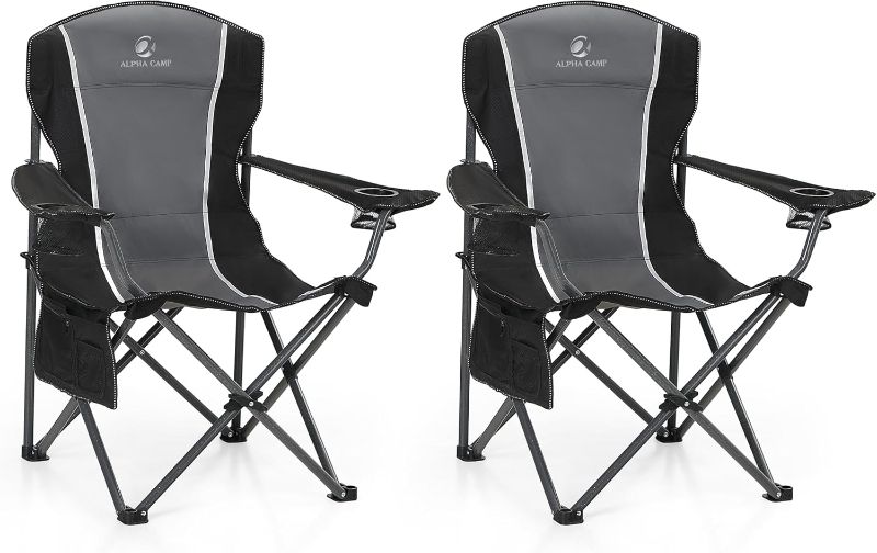 Photo 1 of ALPHA CAMP Oversized Camping Folding Chair - Heavy Duty Steel Frame Support 350 LBS, Collapsible Padded Arm With Cup Holder, Quad Lumbar Back, Portable for Outdoor/Indoor