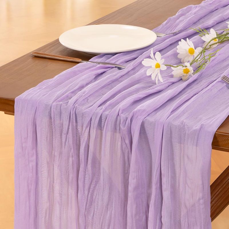 Photo 1 of Lilac Purple Lavender Cheesecloth Table Runner Summer Boho Rustic Gauze 120 inch 10FT Cheese Cloth Runner for Wedding Party Baby Shower Birthday Home Decor Holiday Decorations