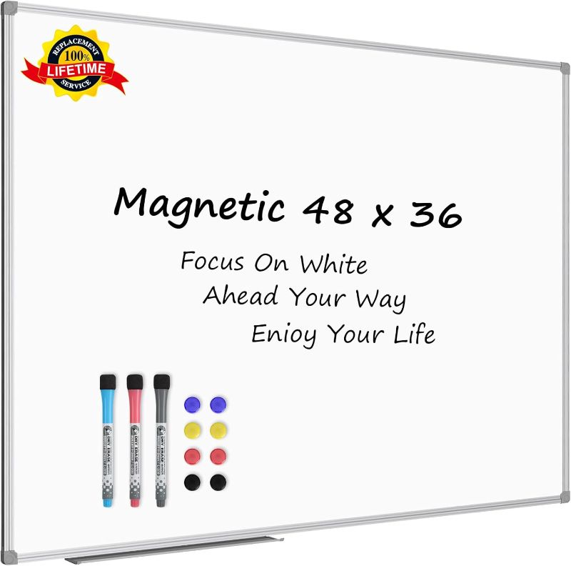 Photo 1 of Lockways White Board Dry Erase Board 48 x 36 Inch, Magnetic Whiteboard 4 x 3, Silver Aluminium Frame, Set Including 1 Detachable Aluminum Marker Tray, 3 Dry Erase Markers, 8 Magnets