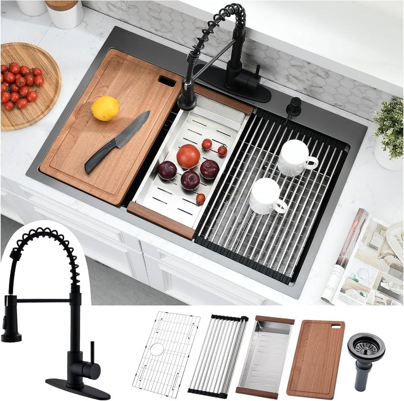 Photo 1 of 33 x 22 Black Drop In Kitchen Sink with Faucet Combo - 33 Inch Black Stainless Steel Kitchen Sink and Faucet Combo Set, Single Bowl 33 x 22 Drop In Sinks Workstation with Accessories