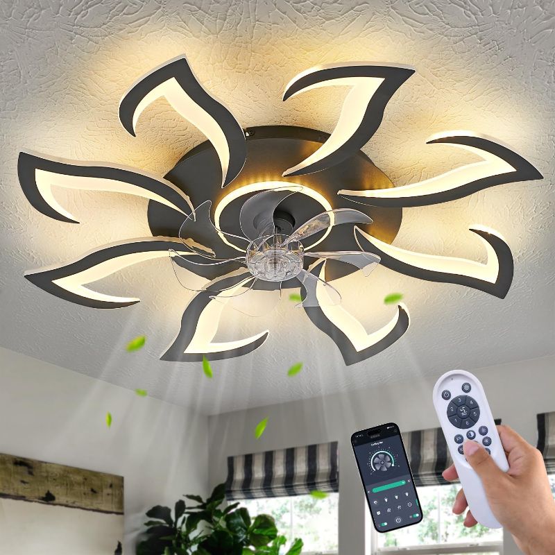 Photo 1 of Modern Low Profile 36 Inch Black Flush Mount Ceiling Fan with 3 Light Color 6 Speeds, Fandelier for Living Room