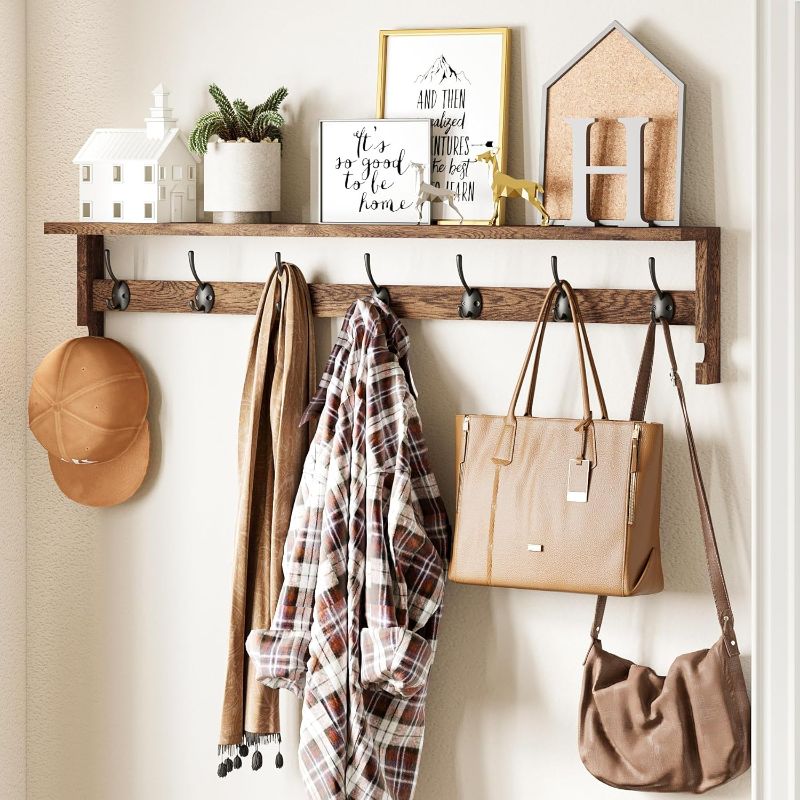 Photo 1 of AMBIRD Coat Rack Wall Mount, 35 Inch Extra Long Wall Hooks with Hanging, Wooden Shelf with 7 Metal Hooks 2 Side Hooks, Wall Key Holder with Shelf in Entryway, Kitchen, Bathroom, Living Room, Bedroom