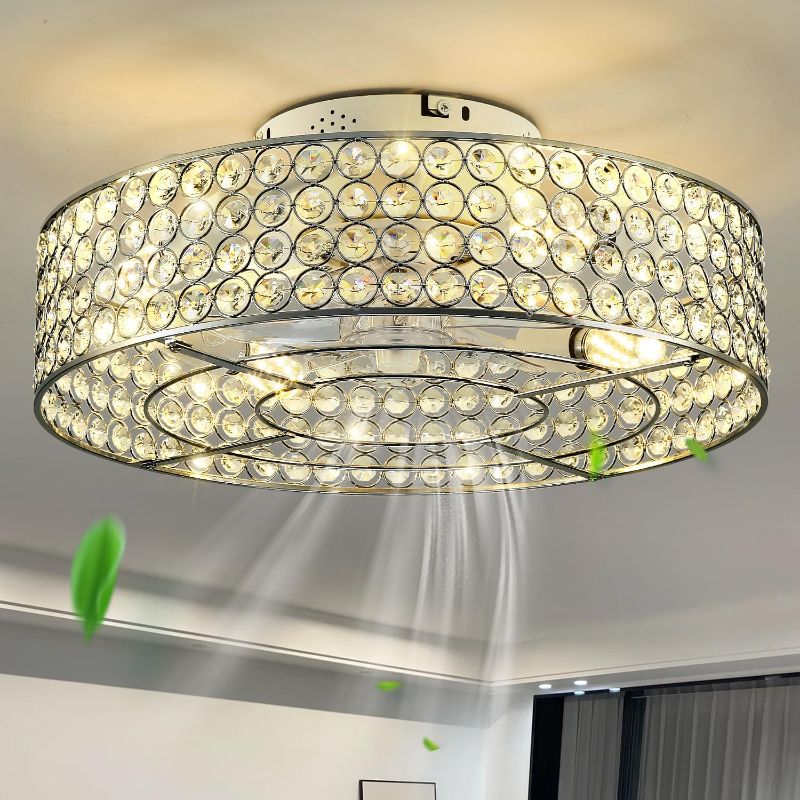 Photo 1 of Modern Low Profile Ceiling Fans with Lights and Remote, 20-Inch Crystal Bladeless Flush Mount Caged Ceiling Fan for Bedroom, Kitchen,Living Room,Small Ceiling Fan with Light with 6 Speed