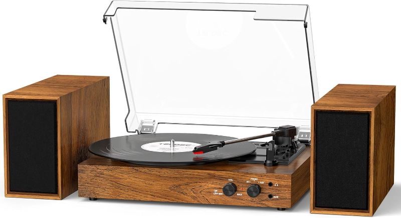 Photo 1 of Vinyl Record Player with External Stereo Speakers, Vintage Bluetooth 3-Speed Turntable with Dual Stackable Speakers, PC Recording Vinyl to Digitia, RCA-Out& AUX-in, Retro Wood