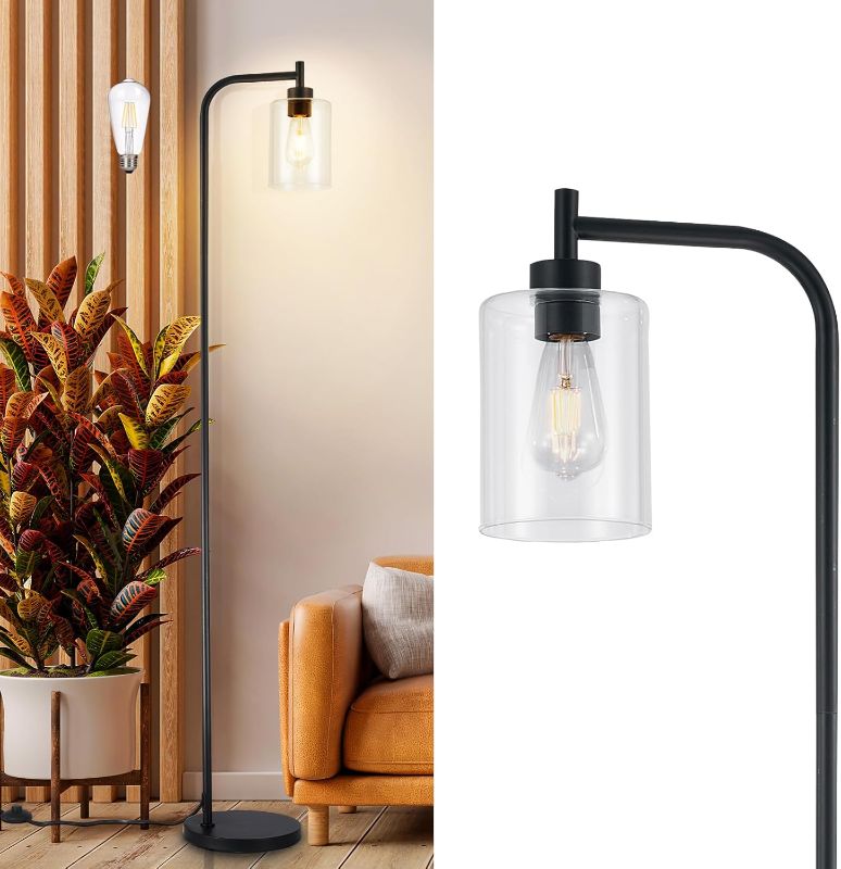 Photo 1 of Floor Lamp Tall for Room: Black Standing Lamp with Clear Glass Lampshade for Living Room - Modern Bright Lamp for Bedroom - Industrial Corner Floor Lamps for Office 8W Led Bulb Included