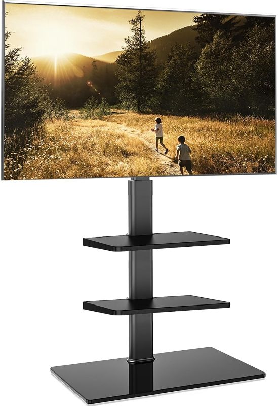 Photo 1 of FITUEYES Floor TV Stand for 32 39 40 43 49 50 55 60 Inch TVs, TV Floor Stand with Swivel Mount, Max Holds 66lbs, White Glass Base, Height Adjustable TV Mount for Corner & Bedroom (With 2 Shelf, Black)
