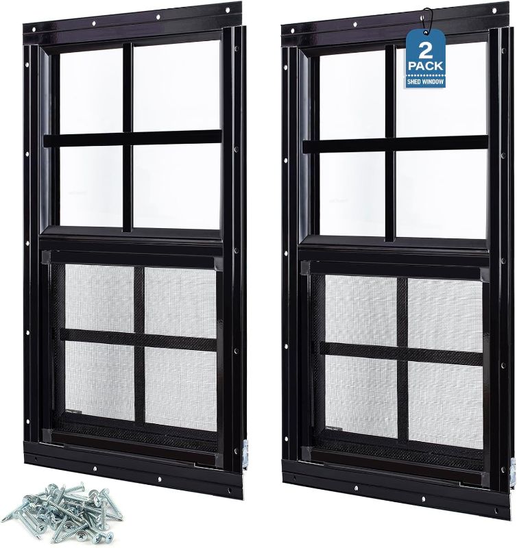 Photo 1 of Melkus 2 Pack Shed Windows 18"x27" Flush Mount Household Windows with Tempered Glass and Screen, Sliding Windows for Chicken Coop, Shed, Garage, Playhouse, Barn,Greenhouse, Black
