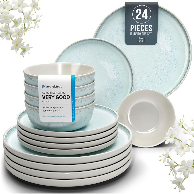 Photo 1 of 24 Piece Dinnerware Sets for 8 - Modern Style Stoneware Dinnerware Set - Microwave Safe Dinner Plates and Bowls Sets for 8, Ceramic Dish Set, Bowl and Plate Sets for 8, Beige Light Blue Set for 8