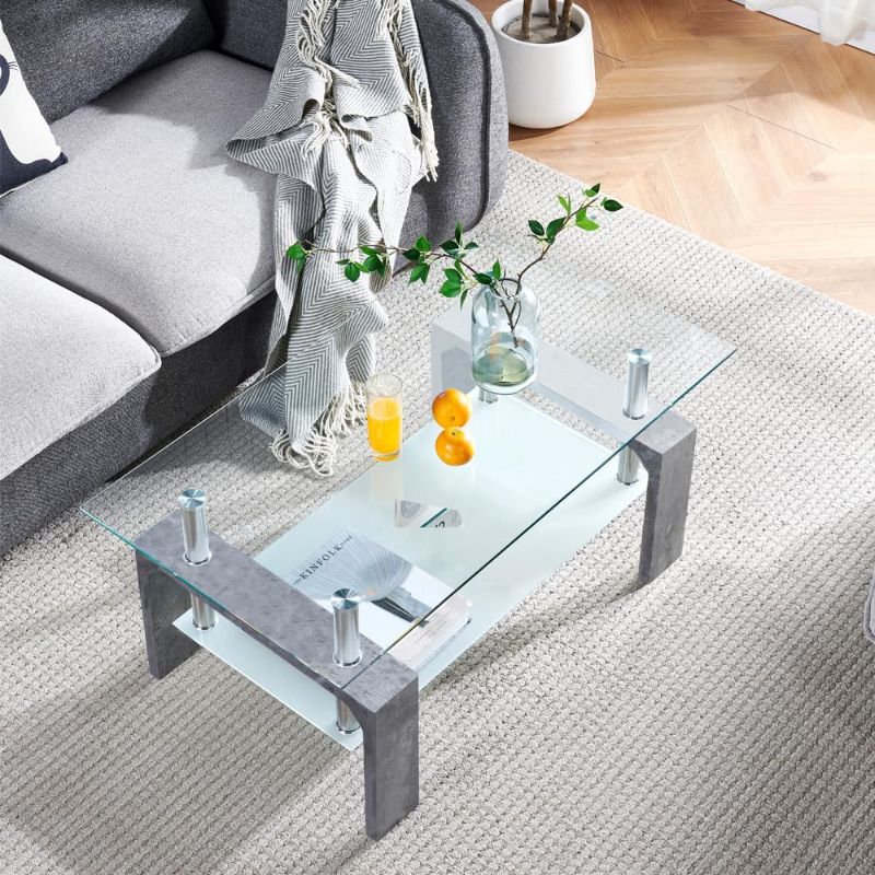 Photo 1 of Living Room Rectangle Coffee Table, Tea Table Suitable for Waiting Room, Modern Side Coffee Table with Wooden Leg, Glass Tabletop with Lower Shelf,Grey Marble