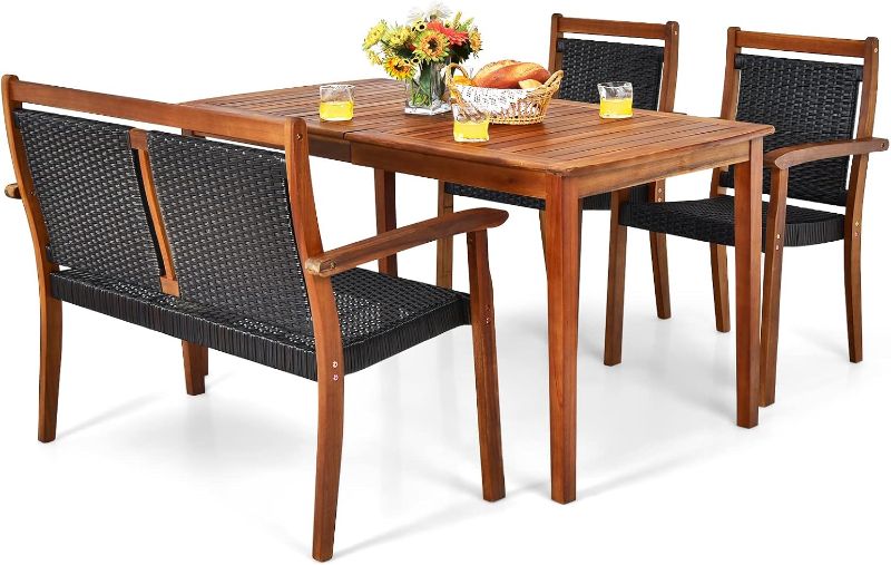 Photo 1 of 57" x 30" Patiojoy Space-Saving Outdoor Acacia Wood Dining Table and PE Rattan Chairs Set with 1.9” Umbrella Hole, for Garden, Backyard, Deck, Poolside, Balcony