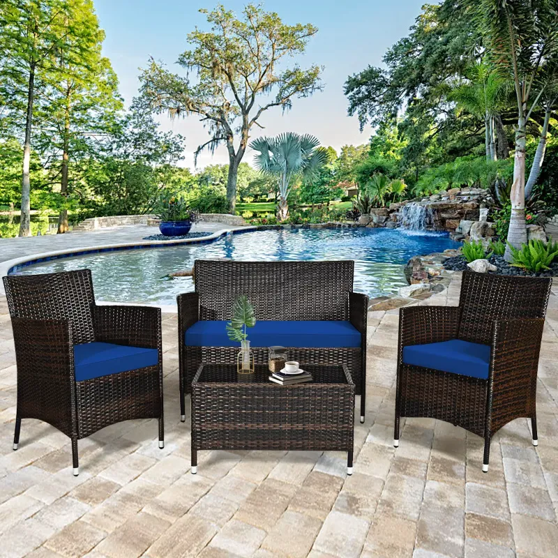 Photo 1 of 4PCS Outdoor Patio Furniture Set Cushioned Sofa Chair Coffee Table Peacock Patiojoy