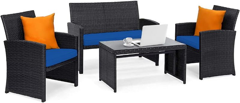 Photo 1 of 4 Pieces Patio Wicker Conversation Furniture Set, Patiojoy Sofa & Table Set w/4 Seats, Outdoor Rattan Sofa Set for Balcony Backyard, Wicker Chair Set with Tempered Glass Coffee Table