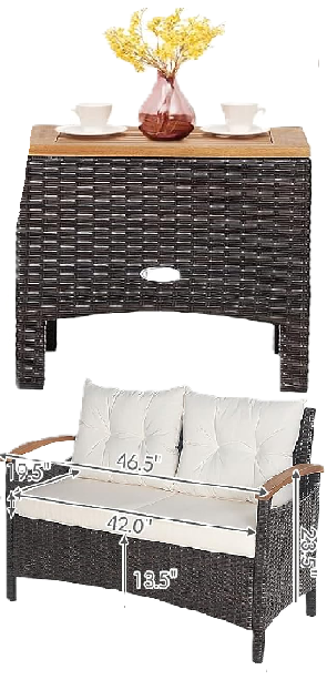 Photo 1 of 2 Piece Patio Rattan Conversation Set, Outdoor Wicker Sofa with Cozy Acacia Coffee Table