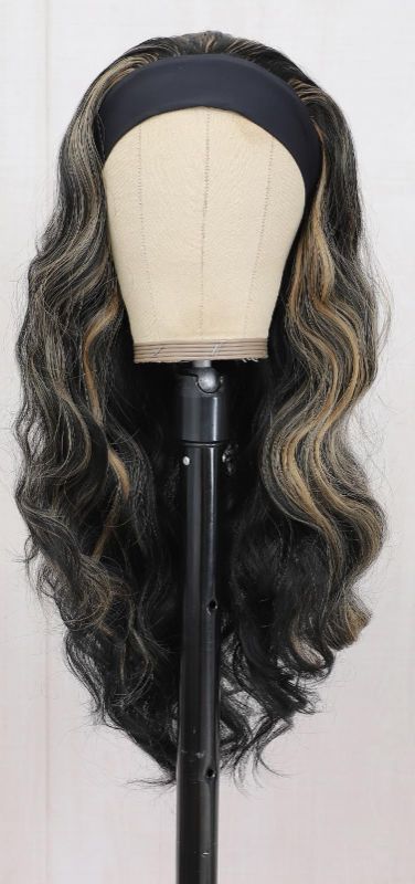 Photo 1 of xccoco Headband Wig Black Hair With Blonde Highlight - Put on and Go Glueless Wig Body Wave Synthetic Curly Wig with Headband,24inch