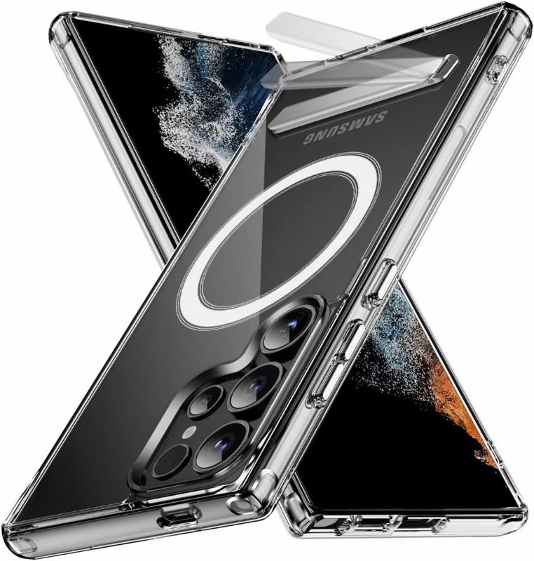 Photo 1 of Clear Kickstand Case for Samsung Galaxy S23 Ultra, Crystal Magnetic Case with Metal Stand, Compatible with MagSafe Two-Way Stand Anti-Yellow Transparent Shockproof Cover for S23 Ultra
