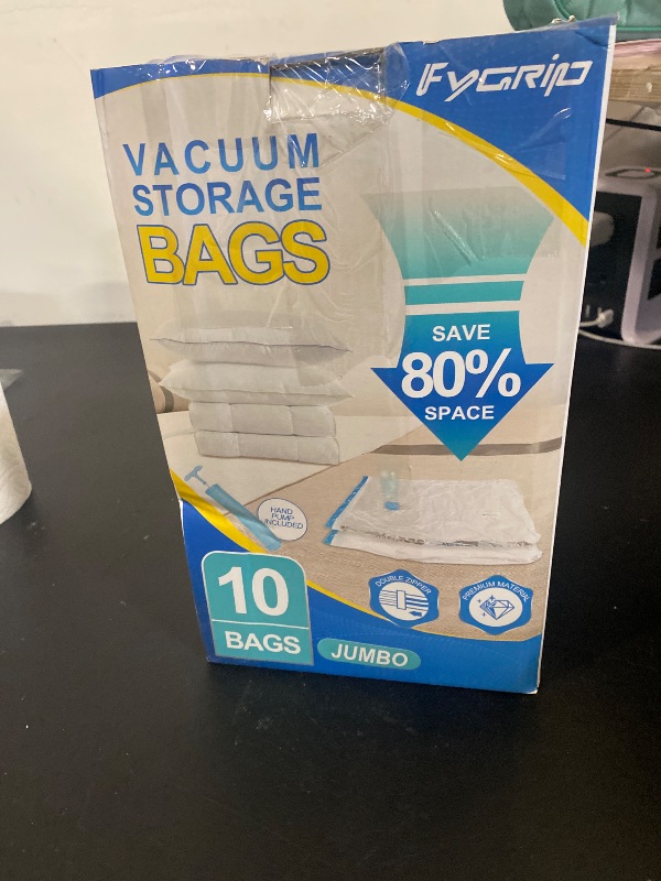 Photo 1 of Fygrip 10 Pack Jumbo Vacuum Storage Bags with Hand Pump, Plastic Packaging Bags, 80% Space Saver Vacuum Seal Bags for Clothing, Travel Lugggage, Blankets, Comforters