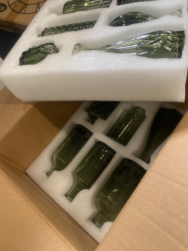 Photo 1 of UPBUD Green Glass Bud Vases Set of 12, Mini Flower Vase for Centerpieces, Small Glass Vases in Bulk for Wedding Decorations, Vintage Vase for Bridal Shower, Party, Recepetion, Home Table Décor