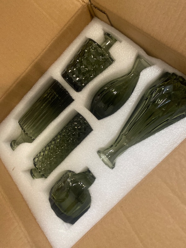 Photo 1 of UPBUD Green Glass Bud Vases Set of 12, Mini Flower Vase for Centerpieces, Small Glass Vases in Bulk for Wedding Decorations, Vintage Vase for Bridal Shower, Party, Recepetion, Home Table Décor