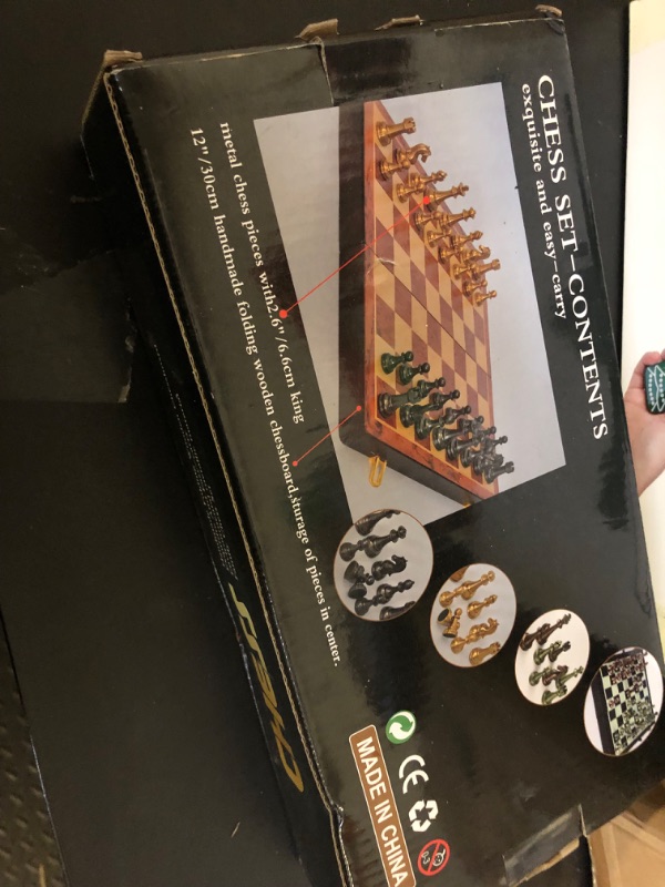 Photo 1 of Agirlgle Retro Metal Chess Set with Folding Wooden Chess Board and Classic Handmade Standard Pieces Metal Chess Set for Kids Adult