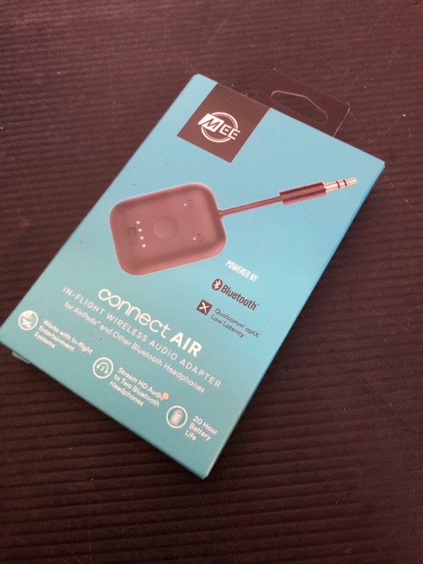 Photo 1 of MEE audio Connect Air in-Flight Bluetooth Wireless Audio Transmitter Adapter for up to 2 AirPods/Other Headphones; Works with All 3.5mm Aux Jacks on Airplanes, Gym Equipment, TVs, & Gaming Consoles