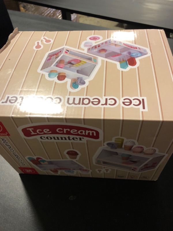 Photo 1 of Ice Cream Counter Playset for Kids, Montessori Pretend Play Food Toys Kitchen Accessories Wooden Popsicle Set with Scoop & Fake Cash,Ice Cream Shop Toys Toddler Learning Toy for Kids