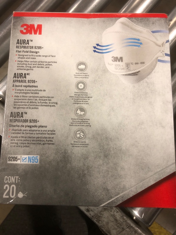 Photo 1 of 3M Aura Particulate N95 Respirator 9205+, Flat Fold Lightweight Design, Non-Valved, 20 Count (Pack of 1)
