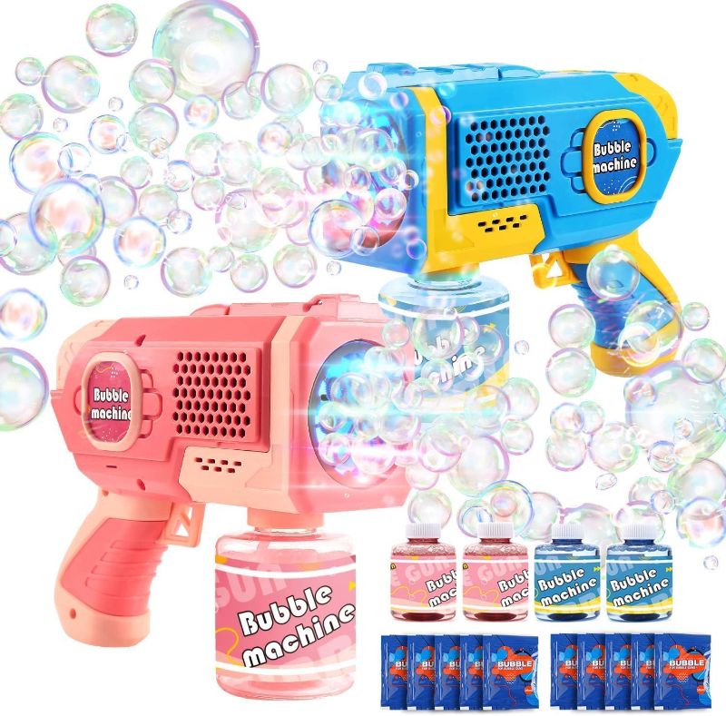 Photo 1 of  2 Pack Bubble Gun Machine for Kids, Automatic Light Up Bubble Blower with 4 Bottles 10 Bags Refill Solution, Bubble Guns Blaster for Toddlers, Outdoor Toys Gifts, Wedding Easter Party Favor
