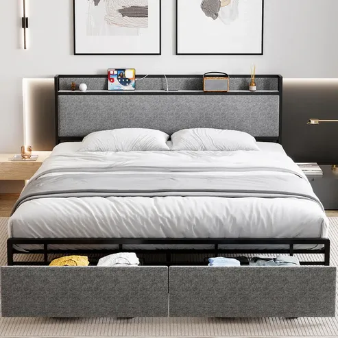 Photo 1 of GARVEE King Size Bed Frame, Storage Headboard with Charging Station, Platform Bed Frame with 2 Drawers, No Box Spring Needed, Easy Assembly, Gray
