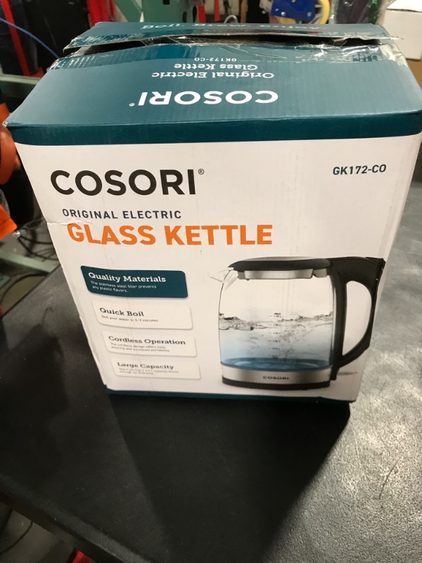 Photo 1 of COSORI Electric Kettle 1.7L, 1500W Wide Opening Glass Tea Kettle & Hot Water Boiler, Stainless Steel Filter And Inner Lid, LED Indicator Auto Shut-Off & Boil-Dry Protection, Cordless, BPA Free, Black